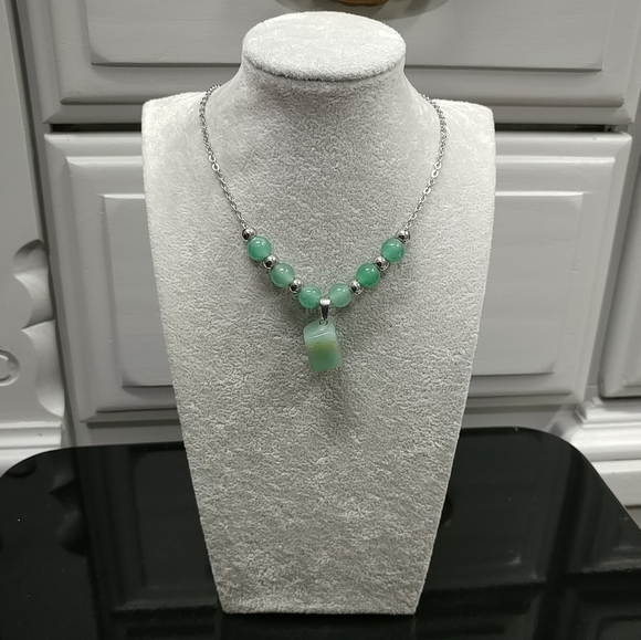 Green Aventurine Necklace Natural Gemstone Pendant Stainless-Steel Chain Beaded - Picture 3 of 17